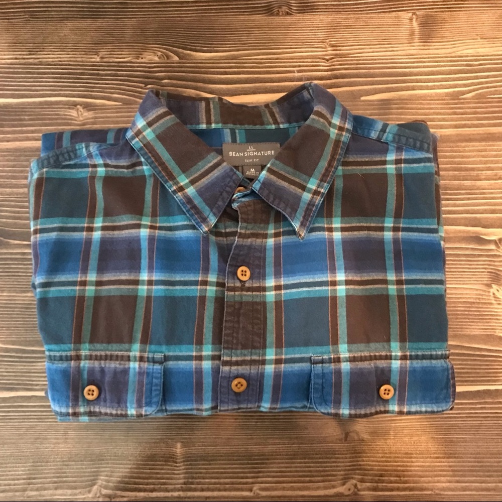Blue and brown L.L. Bean plaid flannel shirt size Medium, Slim Fit